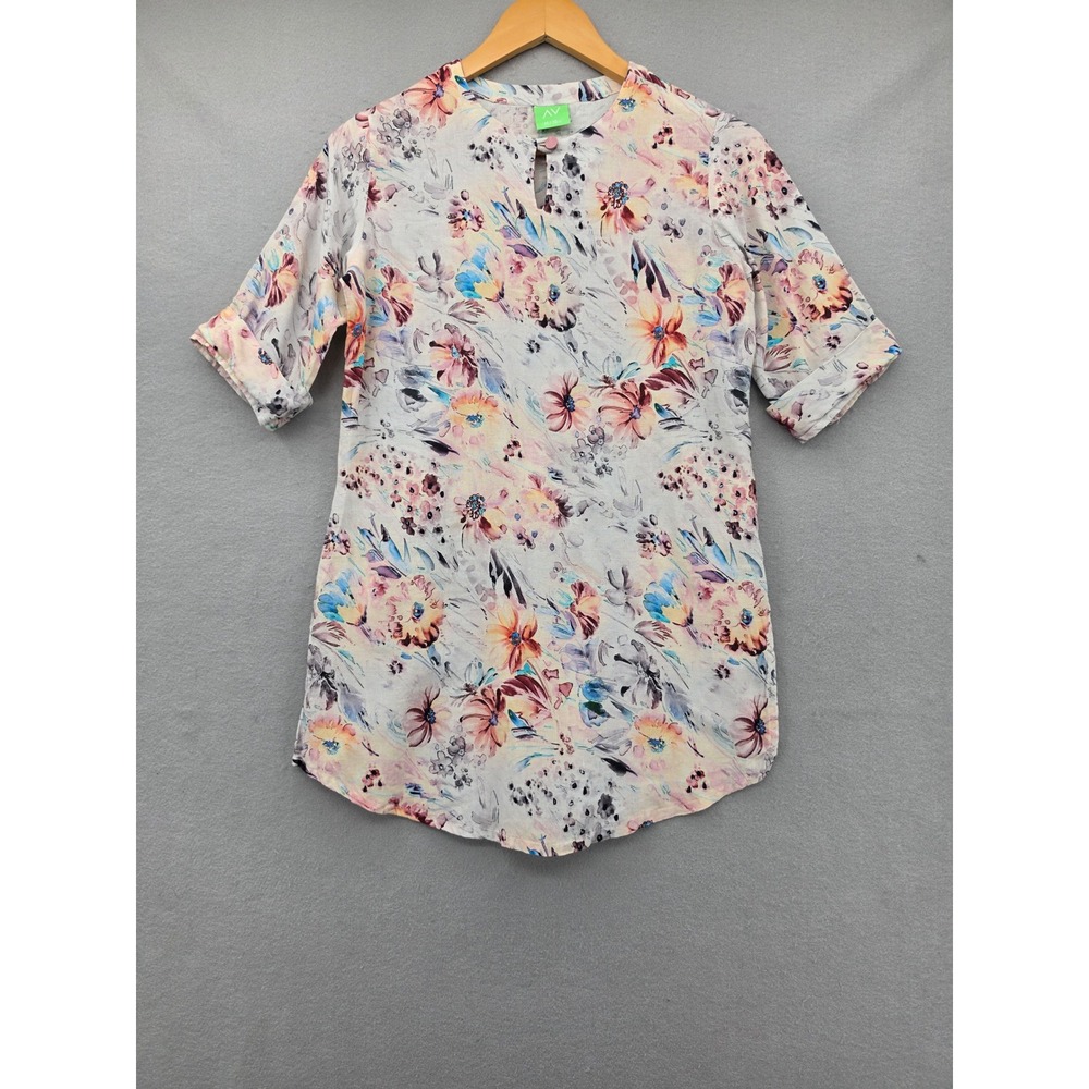 AV Floral Tunic Top Womens Medium 38 Watercolor Linen Blend Short Sleeve Blouse